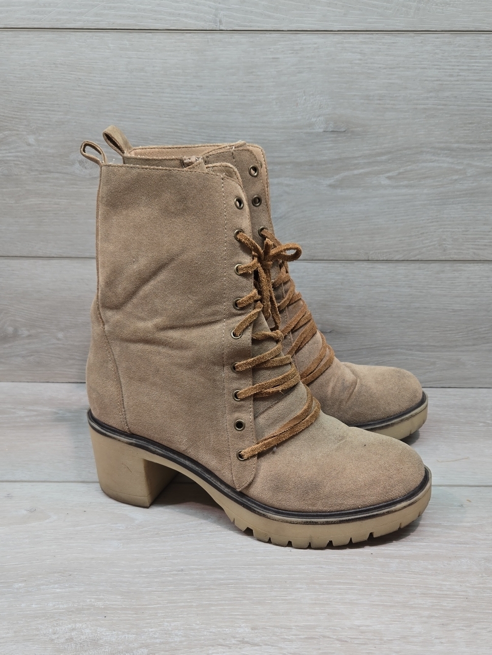 Miim Women's Tan Suede Lace-Up Block Heel Boots Chuncky Shoes Sz 7
